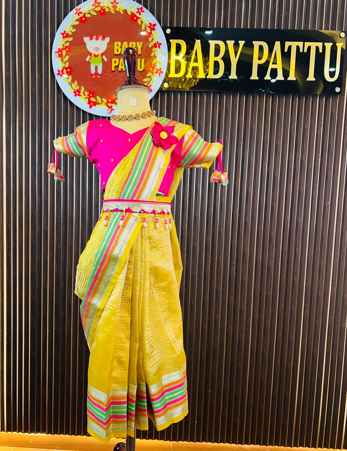 Pink & Yellow Crushed Tissue Ready To Wear Saree