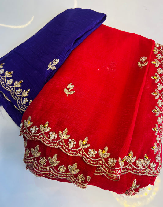 Cut work Saree Red & Purple Blouse