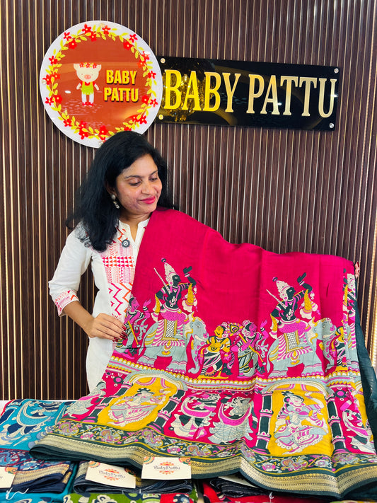 Pink Kalamkari Pure MUL MUL Cotton Saree