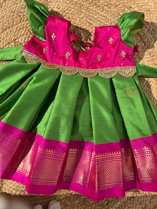 Pink & Parrot Green Frock