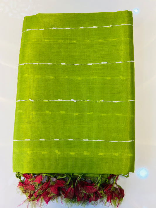 Parrot Green Colour Pure Mangalagiri Silk Saree With Zute Lines