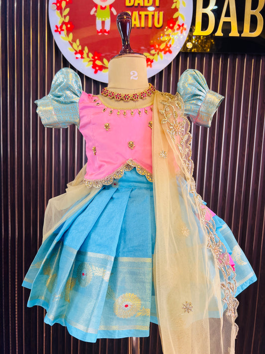 KATAAN PINK AND SKYBLUE CROP TOP  PATTU PAVADA|| DETACHABLE DUPATTA