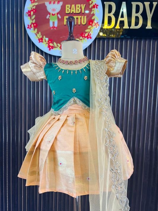 KATAAN  GREEN AND PEACH CROP TOP PATTU PAVADA|| DETACHABLE DUPATTA