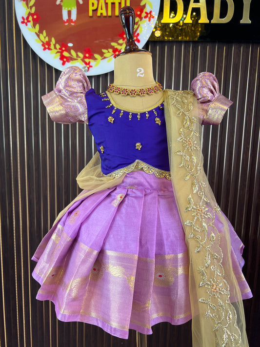 KATAAN  PURPLE AND LAVENDER CROP TOP  PATTU PAVADA|| DETACHABLE DUPATTA