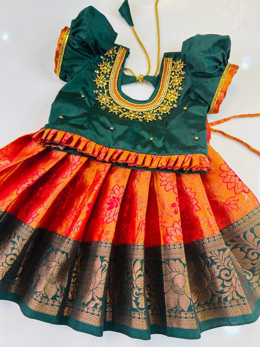 Green Top And Orange Colour Bottom Pattu Pavada