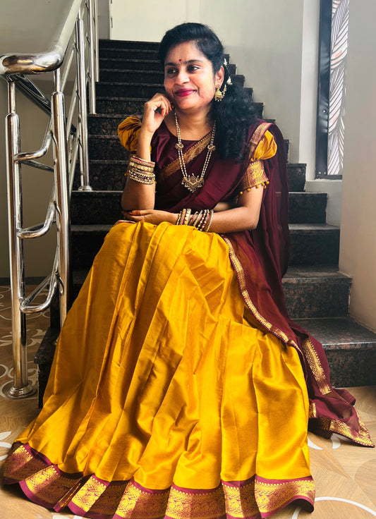 Maroon And Mango Yellow Half Saree
