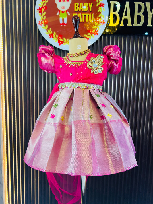 Rani Pink Colour Tissue Frock with Detachable Dupatta