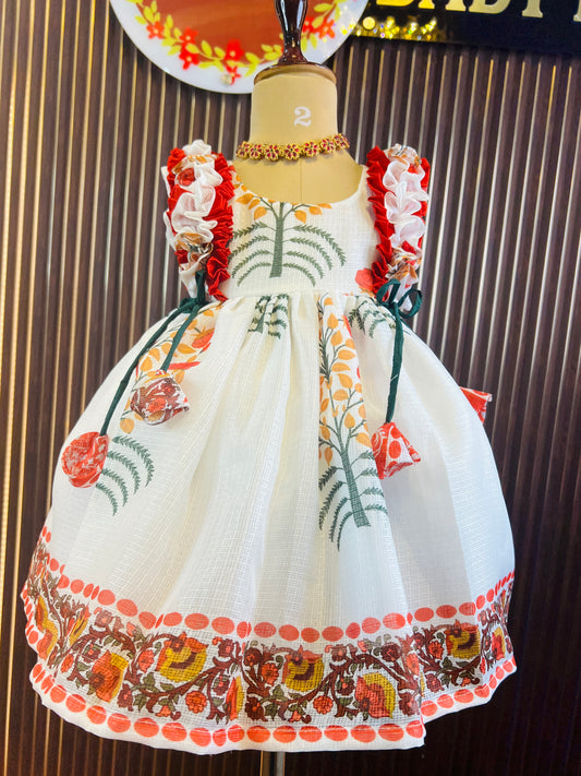 Cute Floral White Kota Doria Cotton Frock