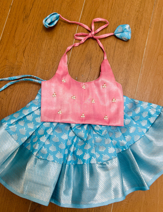 BabyPink Crop Top And Sky Blue Pattu Pavada
