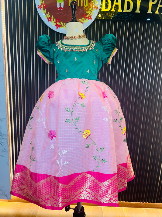 Green And Peach Kota Embroidery Frock