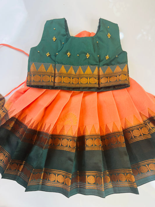 Green And Dark Peach Colour  Crop Top  Pattu Pavada