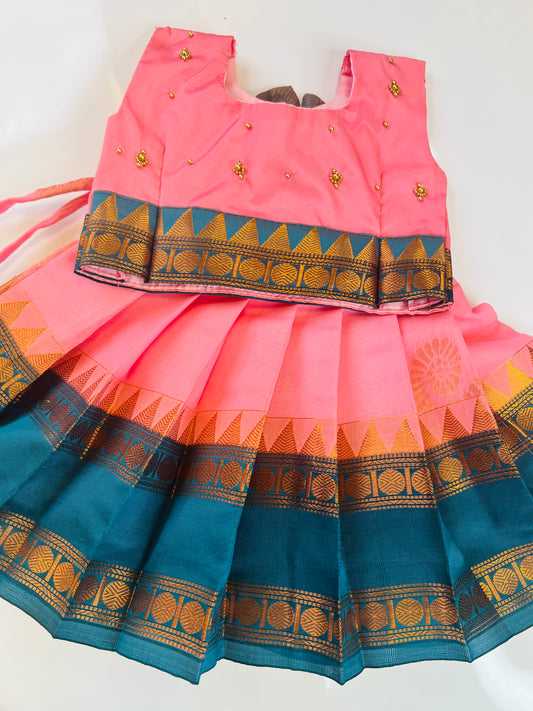 Baby Pink And Peacock Blue Crop Top Pattu Pavada