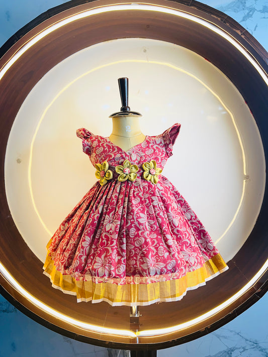 Rusted Pink Colour Frock with Floral Print