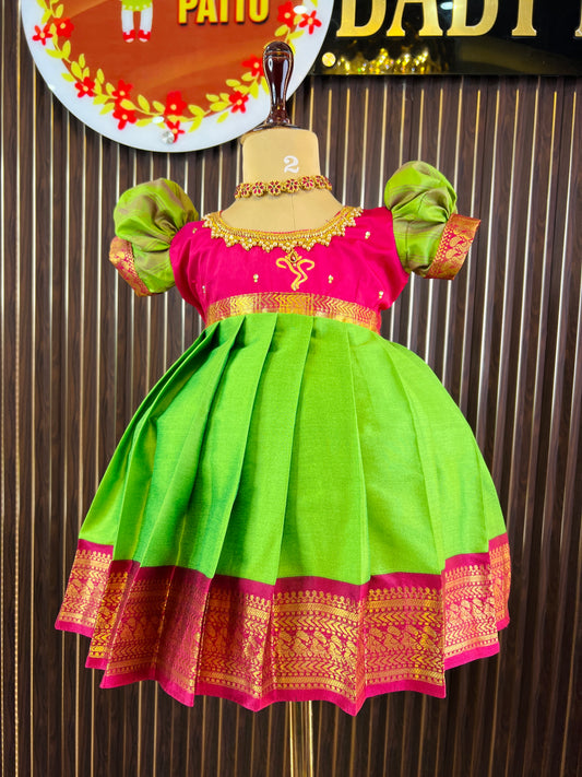 2025 - Ganesh Chathurthi Collections - Rani Pink And Parrot Green Color Frock
