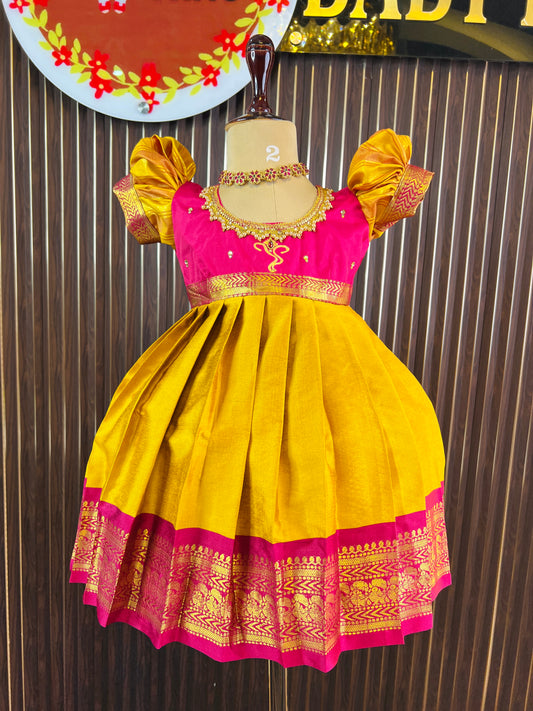 2025 - Ganesh Chathurthi Collections - Rani Pink And Yellow Color Frock
