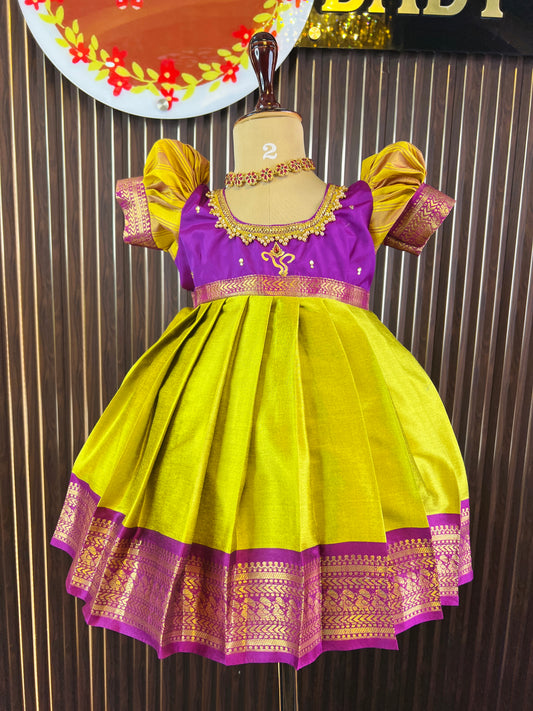 2025 - Ganesh Chathurthi Collections - Bright Green And Purple Color Frock