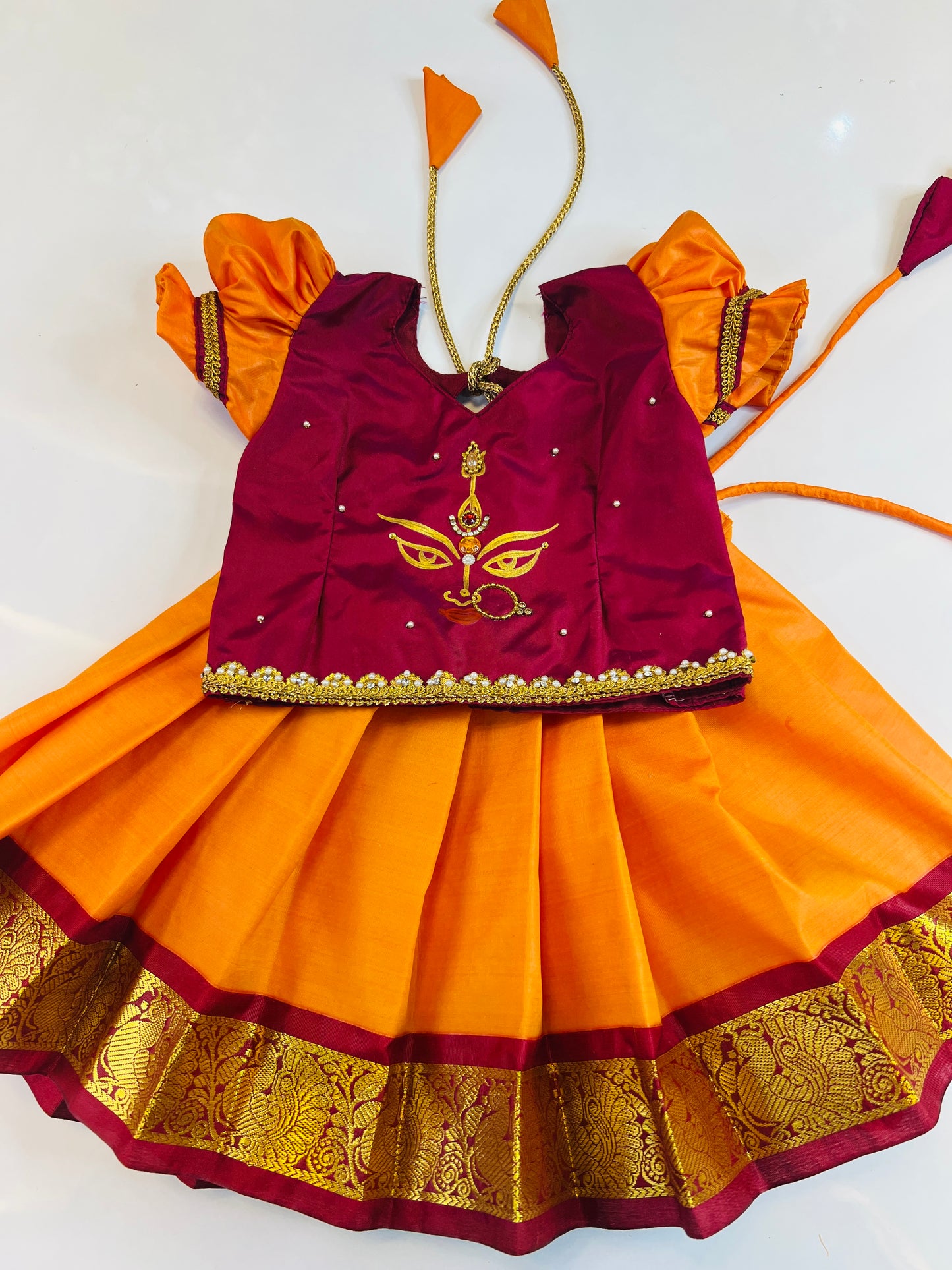 Dasara Collection 2025 - Maroon Top And Mango Yellow Bottom Pattu Pavada
