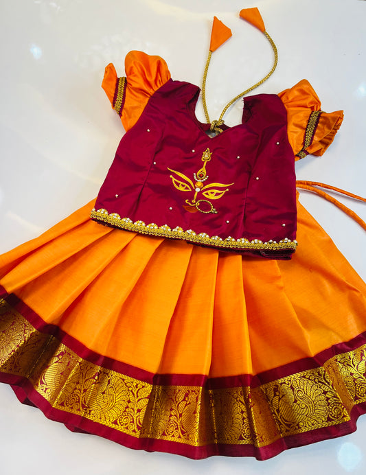 Dasara Collection 2025 - Maroon Top And Mango Yellow Bottom Pattu Pavada