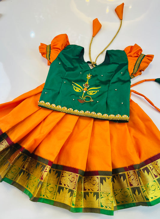 Dasara Collection 2025 - Green Top And Mango Yellow Bottom Pattu Pavada