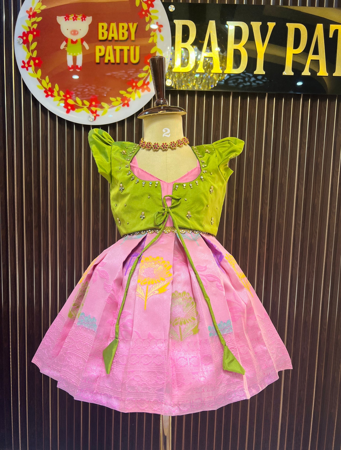 Green & Pink   2 in 1  Overcoat Model Frock
