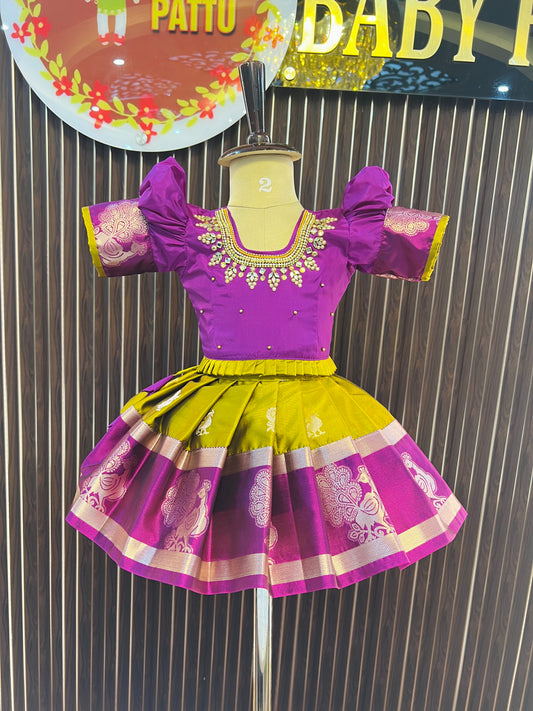 Purple Top And Mustard Yellow Bottom Pattu Pavada