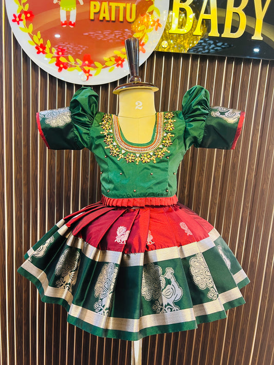 Green Top And Copper Color Bottom Pattu Pavada