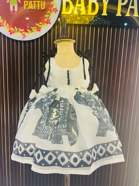 Soft Lenin White And Black Color  Frock