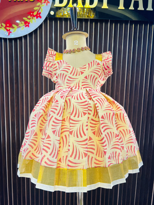 Red Color lines Pattern  Kerala Cotton Frock