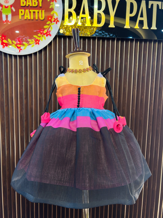 Soft Lenin Black RainBow Color Frock