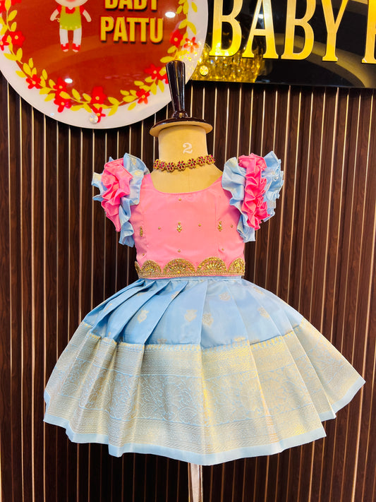 Babypink & Sky blue Diwali Collection Pattu pavada