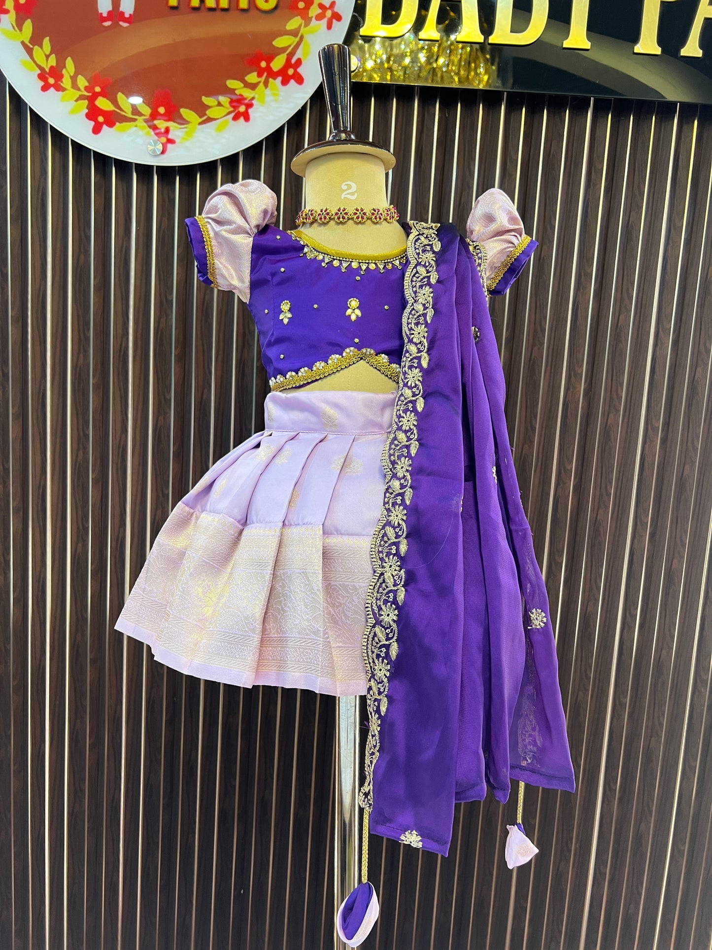 Purple Crop Top And Lavender Bottom Pattu Pavada with Detachable Duppatta
