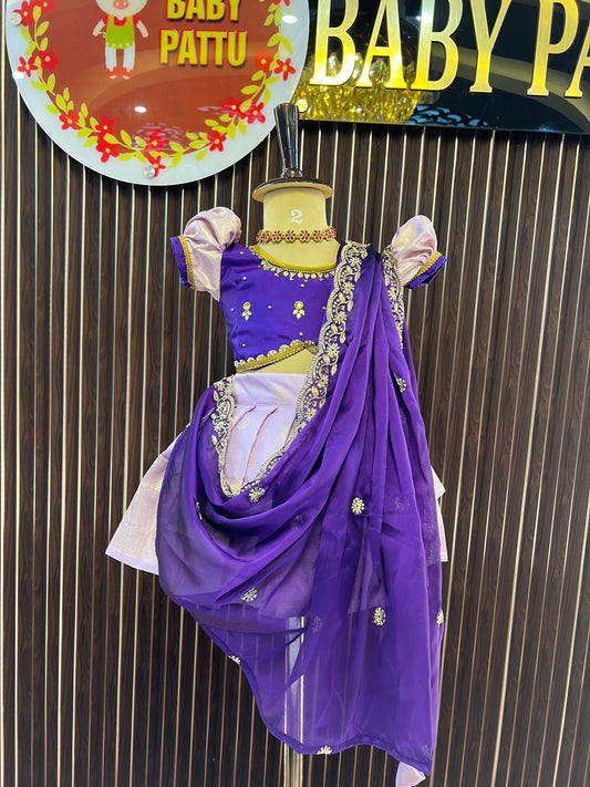 Purple Crop Top And Lavender Bottom Pattu Pavada with Detachable Duppatta