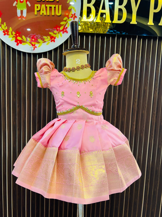 Baby Pink Crop Top And Pink Bottom Pattu Pavada with Detachable Duppatta