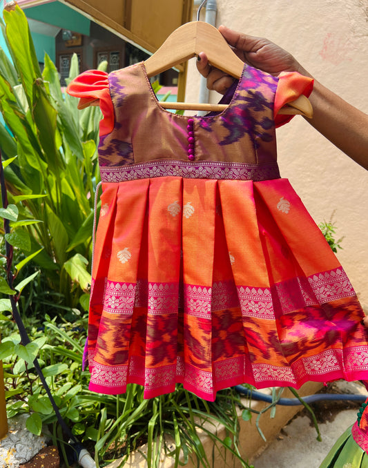 Double Shade Orange Color Frock With Pochampalli Border