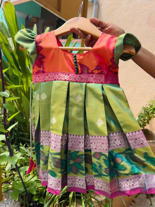 Green Color Frock With Pochampalli Border
