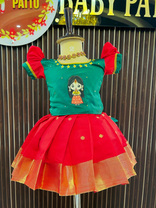 Green Top & Red Bottom Pattu Pavada - Hand Painted crackers Themed Diwali Collections 2025