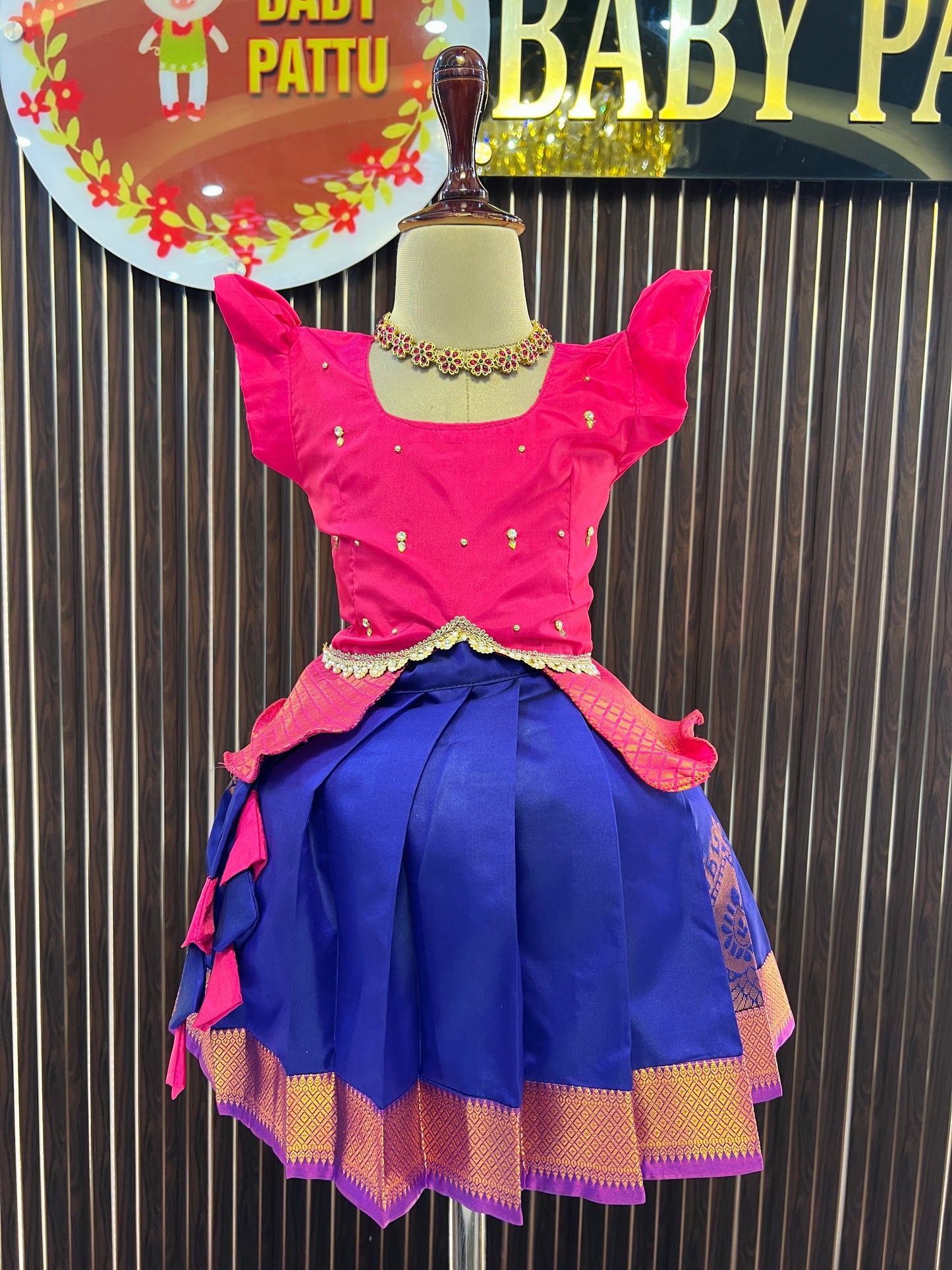 Pink Peplum Top and Royal Blue Pattu Pavada