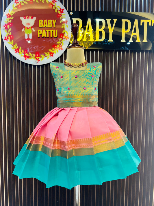 Sea Blue Crop Top And Pink Bottom Pattu Pavada