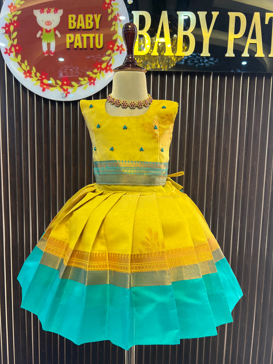 Mustard Yellow Crop Top With Sea Blue Border Pattu Pavada