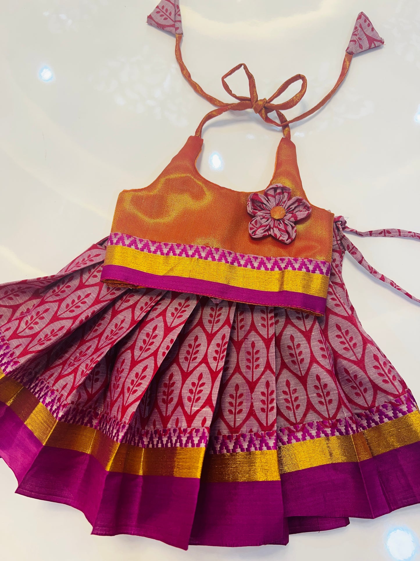 Copper Tissue Top And Purple Shade Kerala Cotton Bottom Pattu Pavada