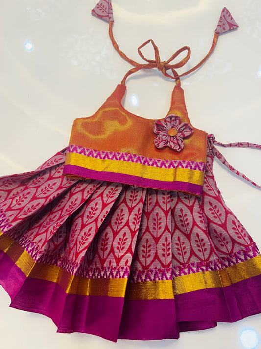 Copper Tissue Top And Purple Shade Kerala Cotton Bottom Pattu Pavada