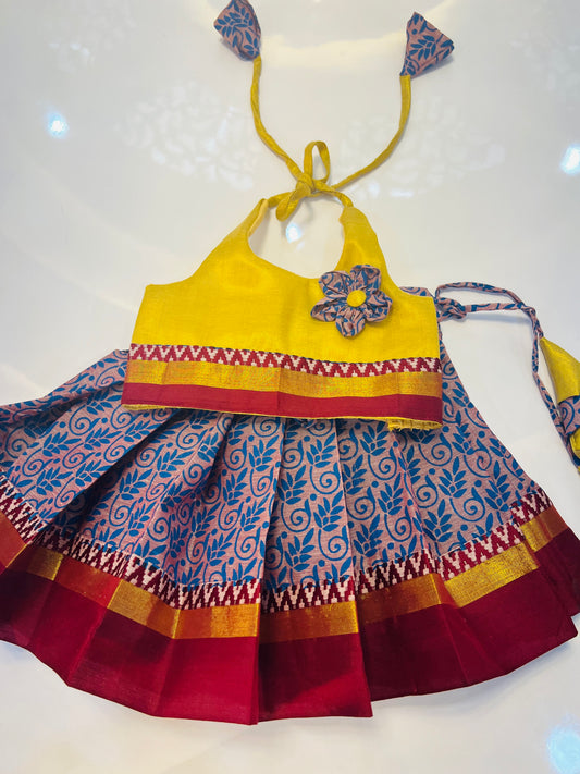 Yellow Gold Tissue Top And Blue Kerala Cotton Bottom Pattu Pavada