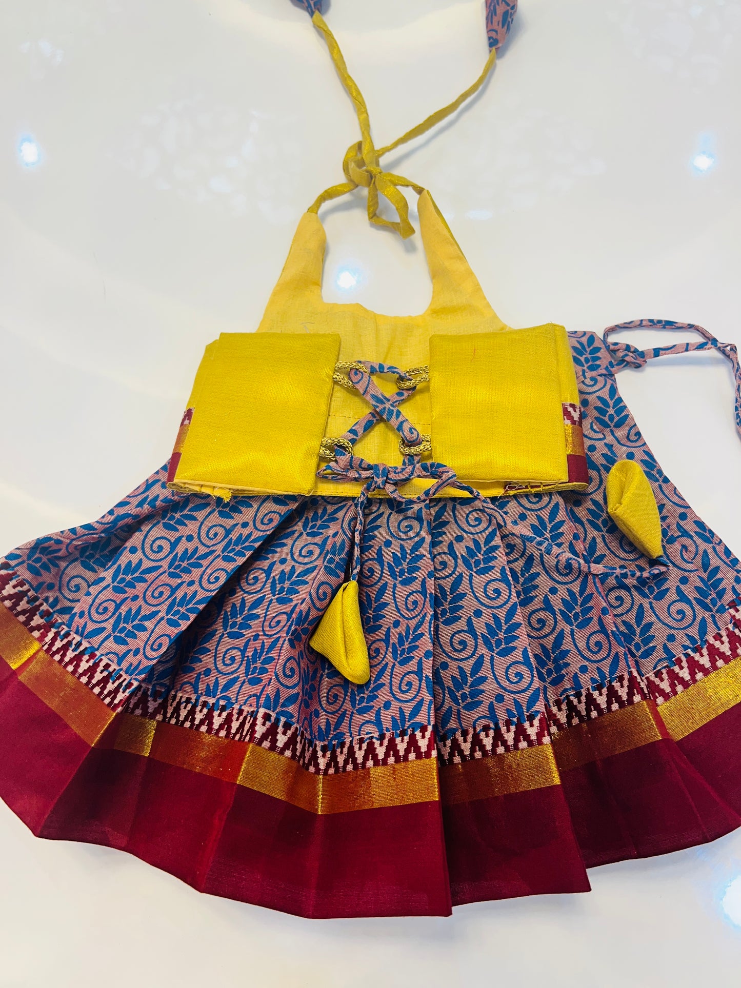 Yellow Gold Tissue Top And Blue Kerala Cotton Bottom Pattu Pavada