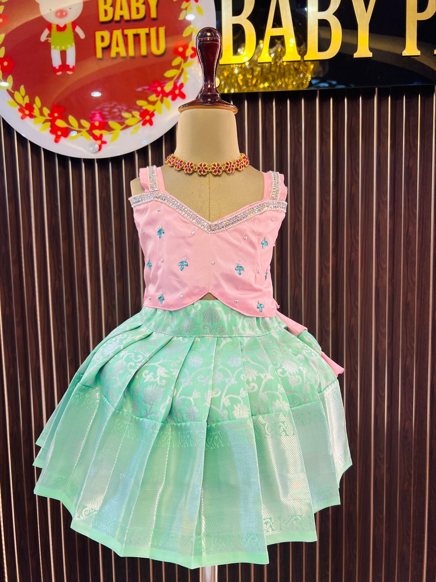 Baby Pink Crop Top And Mint Green Bottom Pattu Pavada