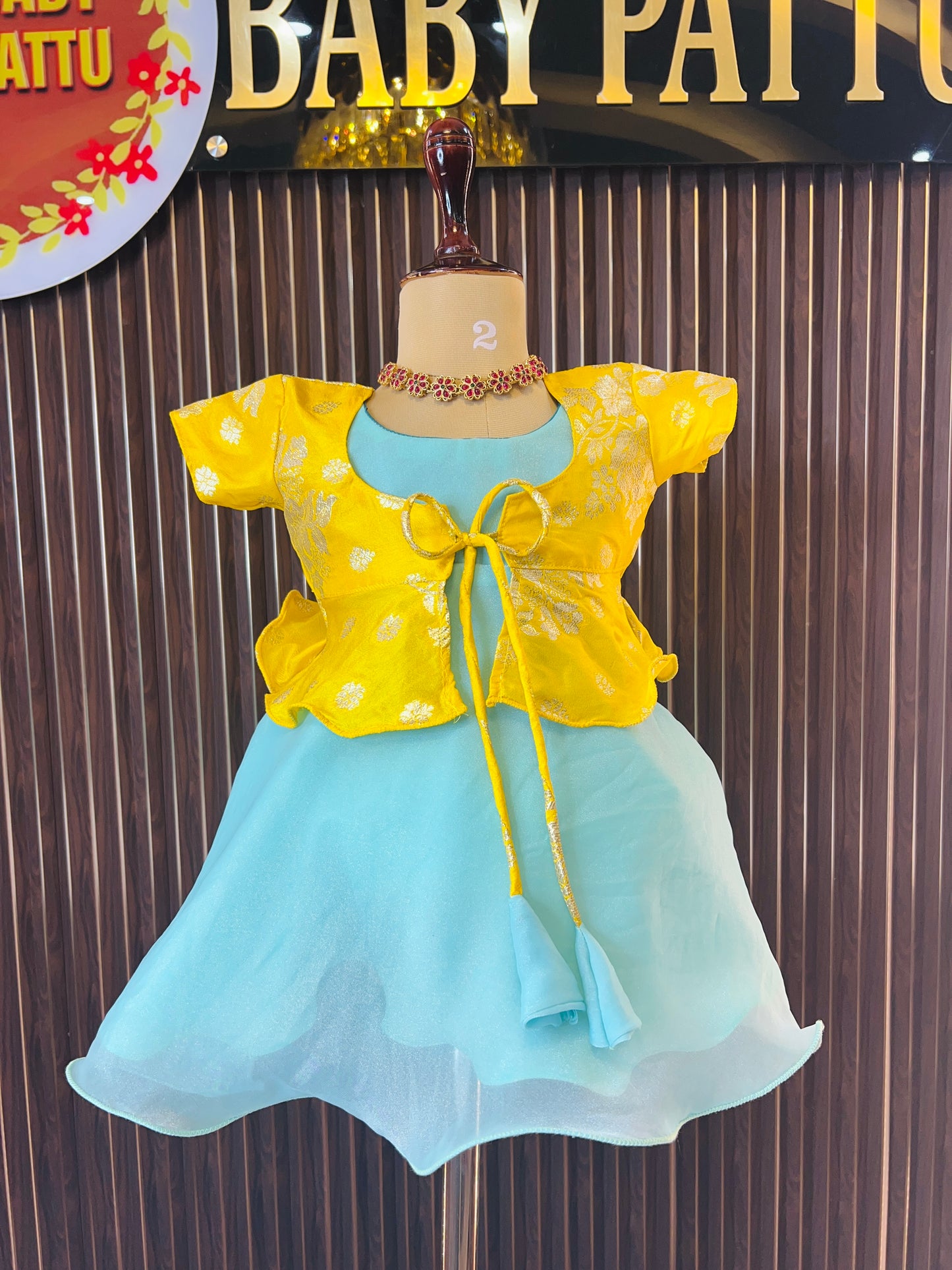 Yellow Color Banarasi Top & Sea Green Space Silk Frock