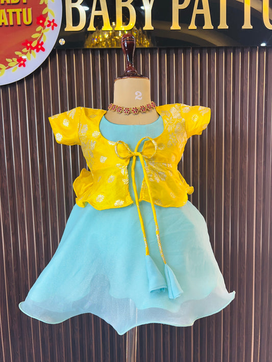 Yellow Color Banarasi Top & Sea Green Space Silk Frock