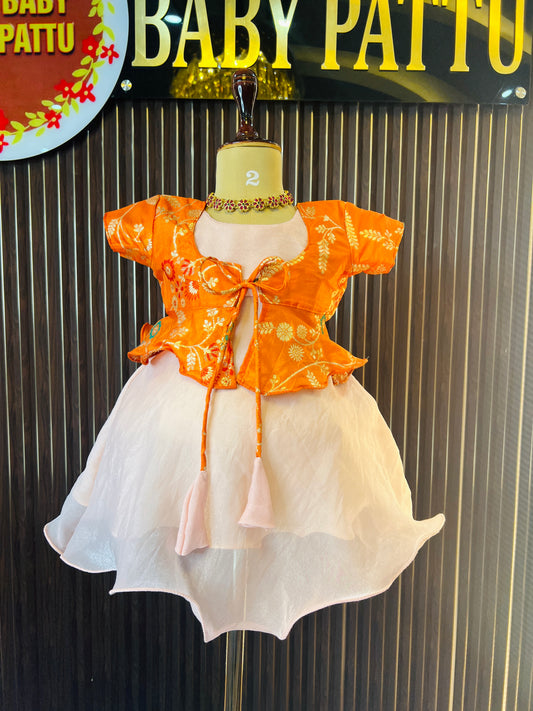 Orange Color Banarasi Top & Peach Space Silk Frock