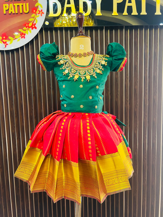 Green Top And Red Color Bottom Pattu Pavada