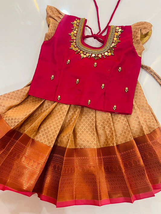 Pongal 2026 / Makara Sankranthi 2026 Collections-Rani Pink Top And Half White Bottom  Pattu Pavada