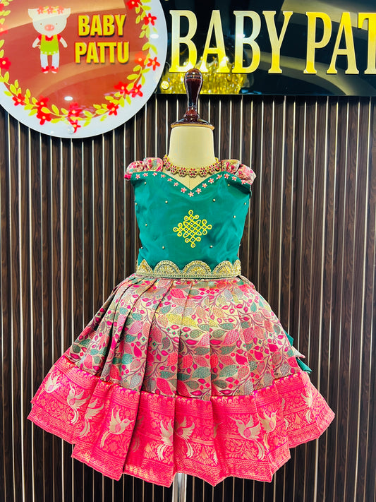 Green Top And Rani Pink Color Bottom Meenakari Silk Pattu Pavada - Pongal 2026 / Makara Sankranthi 2026 Collections